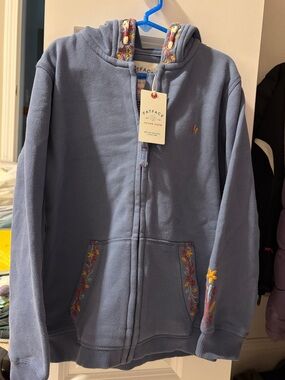 Fat Face Light Blue Girls' Hooded Zip Fleece with Floral Trim